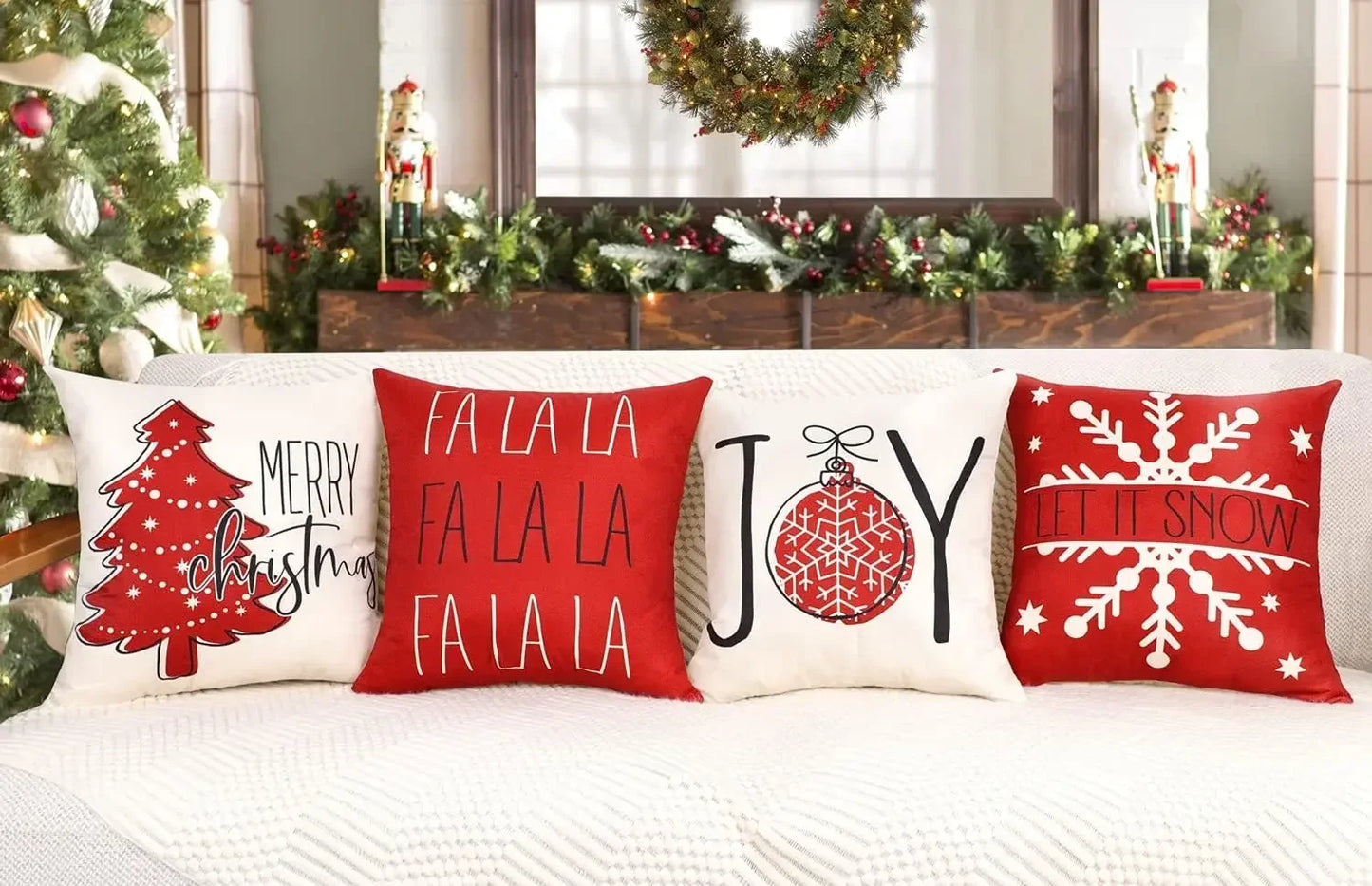 Red Christmas Pillow Covers 18x18 Set of 4 Christmas Decorations Merry Tree Joy Let It Snow FA La La Cushion Case Holiday Decor