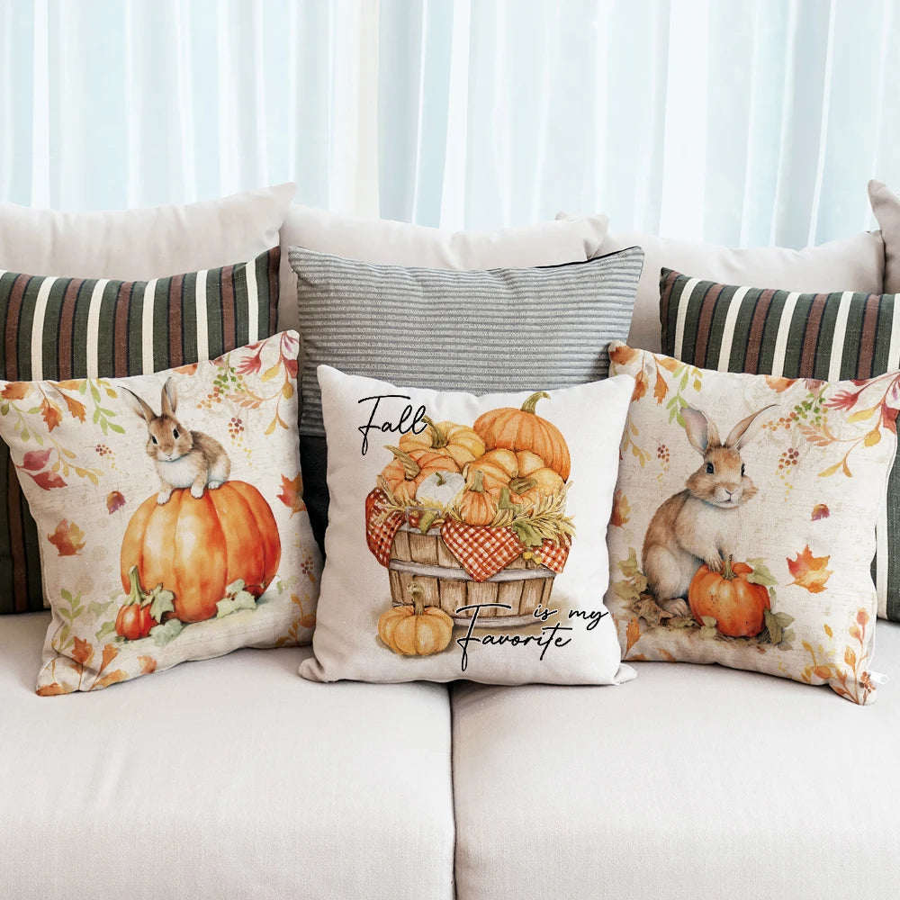 1pc/4pcs Happy Fall Pillowcover Fall Pumpkin Bunny Orange Design Cushion Cover Thanksgiving Party Autumn Decor Room Home Decor