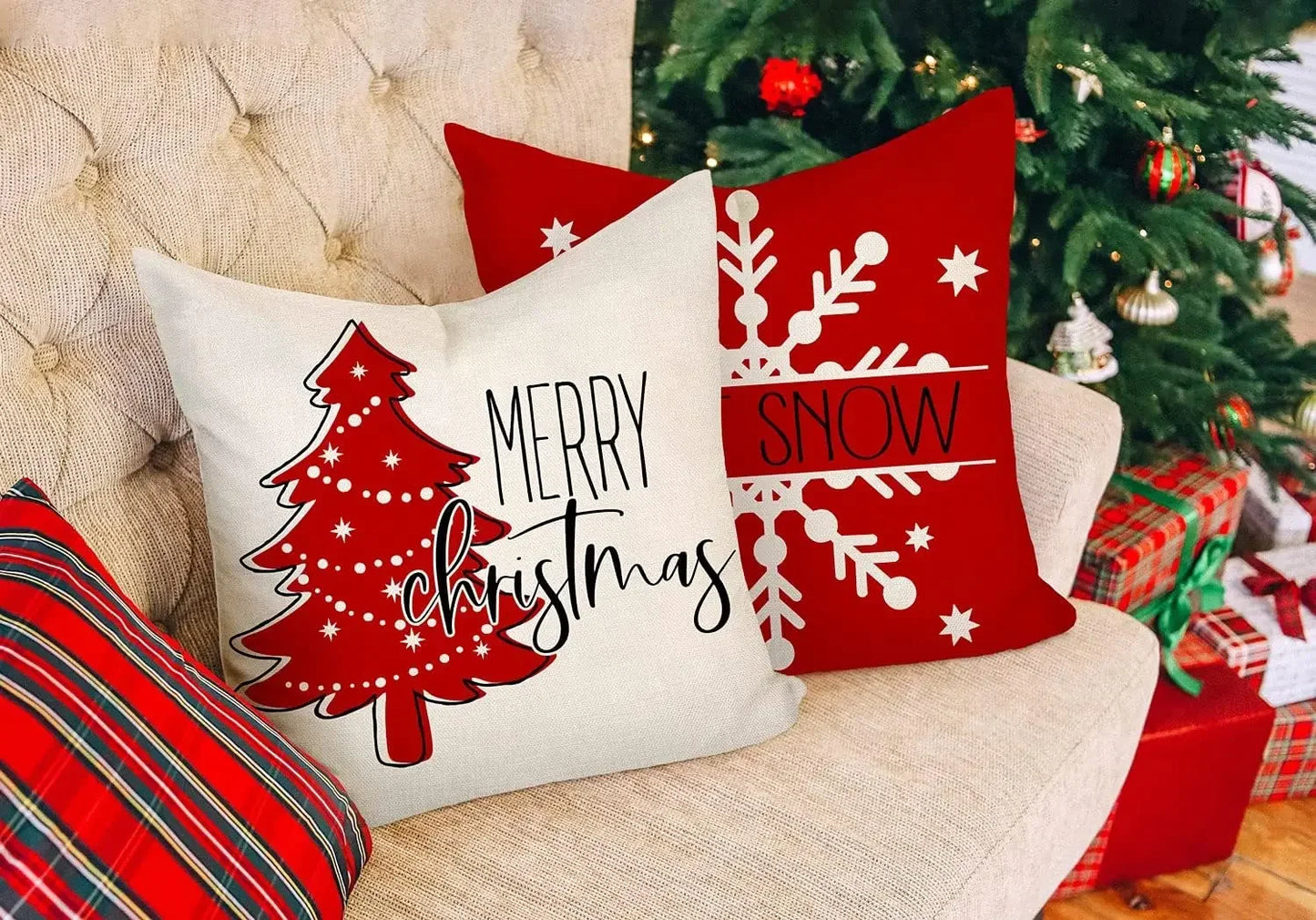 Red Christmas Pillow Covers 18x18 Set of 4 Christmas Decorations Merry Tree Joy Let It Snow FA La La Cushion Case Holiday Decor