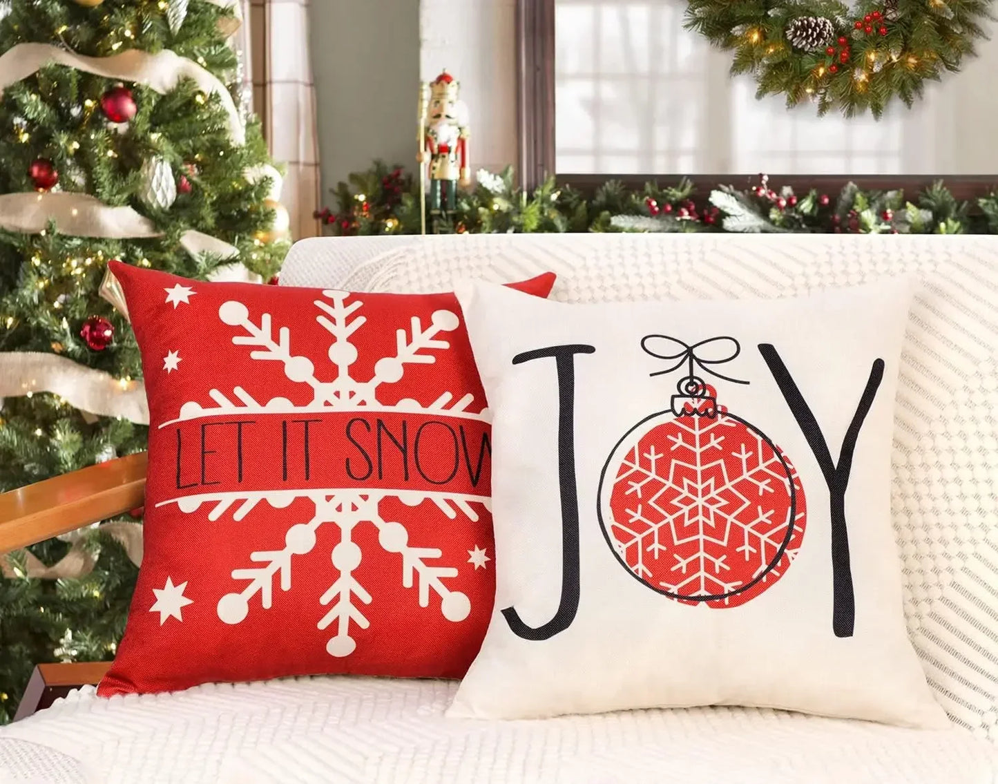 Red Christmas Pillow Covers 18x18 Set of 4 Christmas Decorations Merry Tree Joy Let It Snow FA La La Cushion Case Holiday Decor