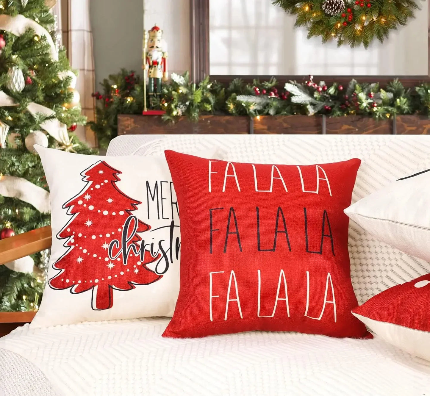 Red Christmas Pillow Covers 18x18 Set of 4 Christmas Decorations Merry Tree Joy Let It Snow FA La La Cushion Case Holiday Decor